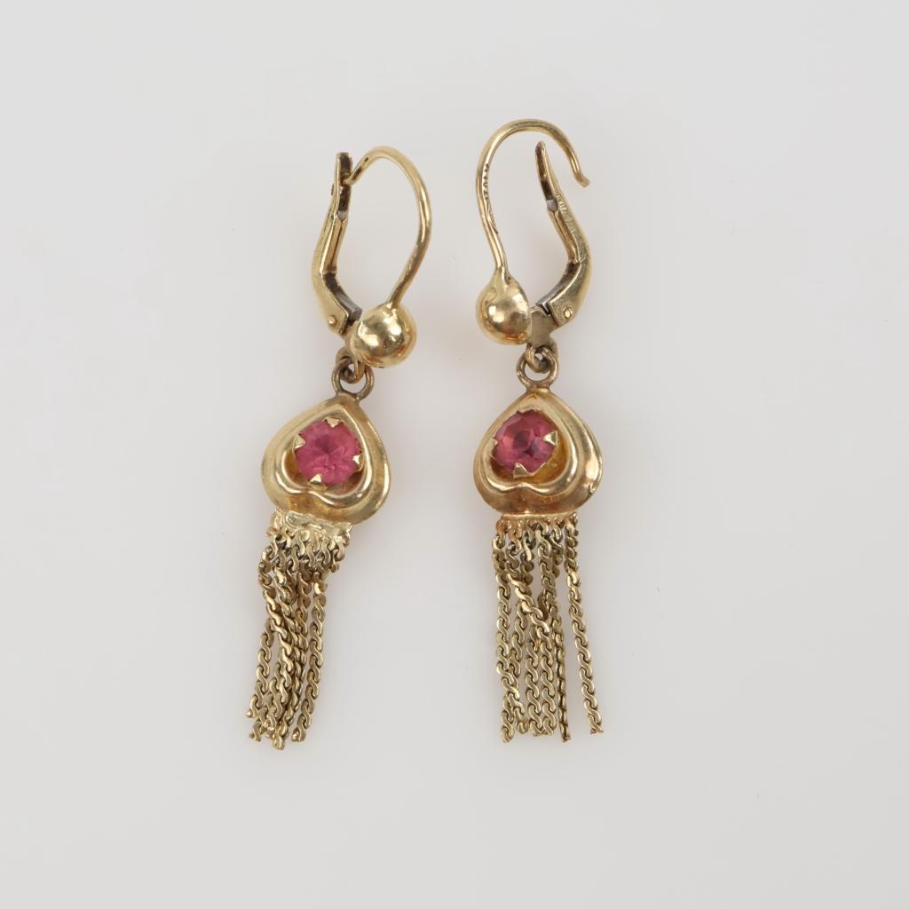 14kt Gold Pink Stone Semi-Hollow Dangle Earrings