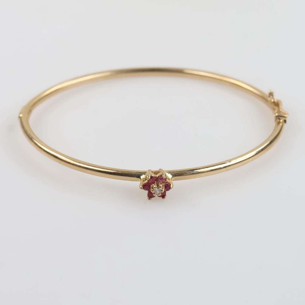 14kt Gold Rubies & Diamond Accent Hollow Hinged Bangle