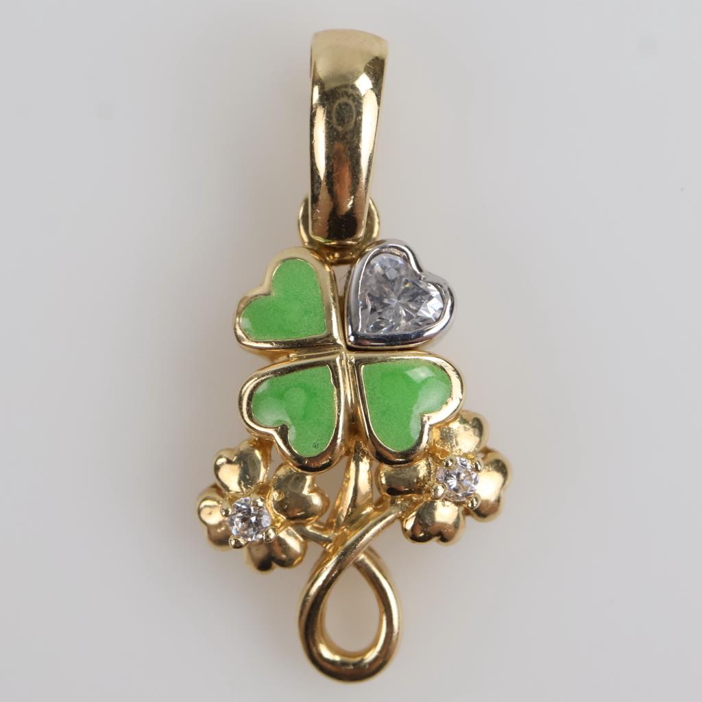 14kt Gold Shamrock Clear Stone Accent