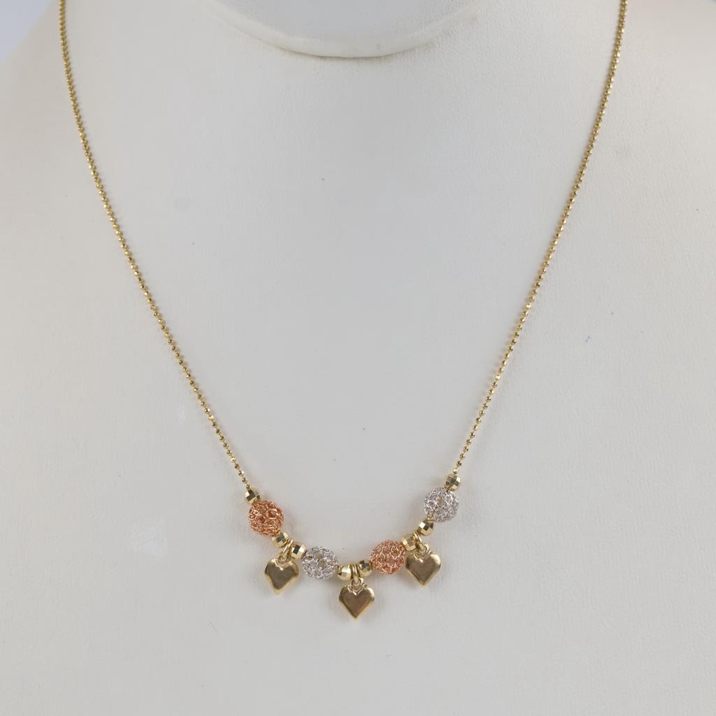 14kt Gold Tri Color Hollow Ball And Heart Necklace