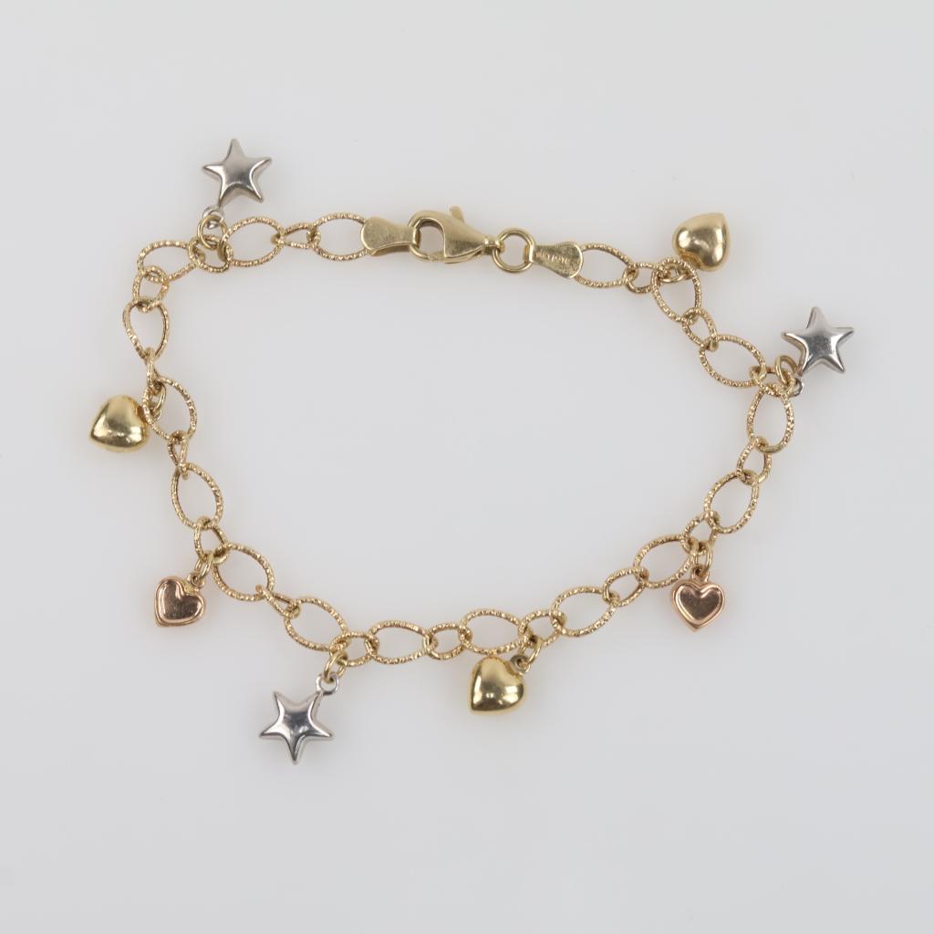 14kt Gold Tri-color Hollow Beaded Charm Bracelet