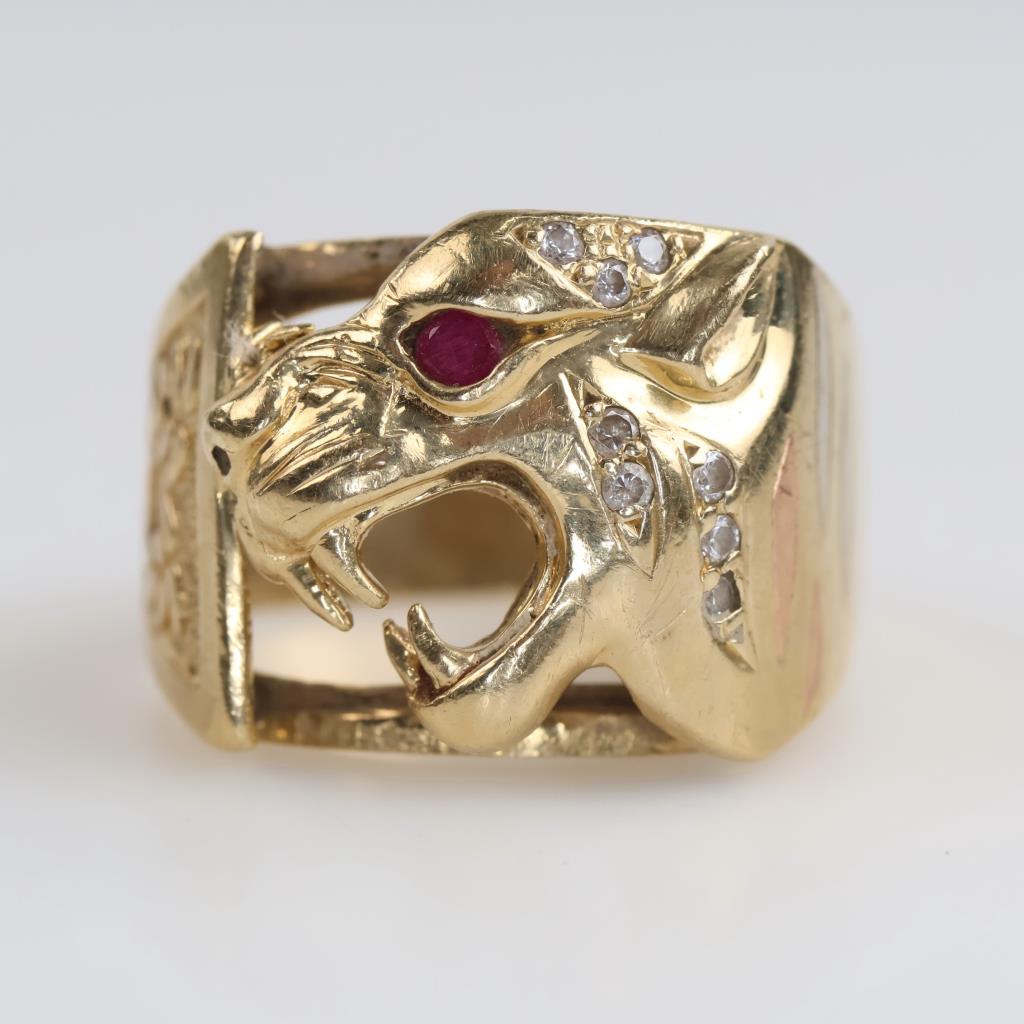 14kt Gold Tri-color Red & Clear Stone Tiger Ring