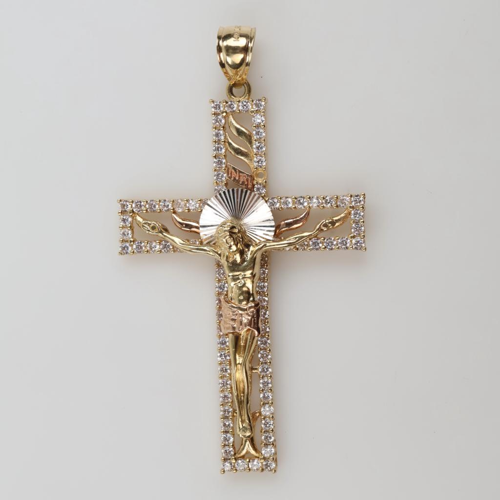 14kt Gold Two Tone CZ Cross Pendant