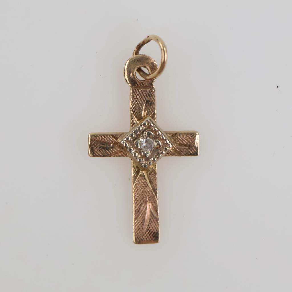 14kt Gold Two-tone Clear Stone Cross Pendant