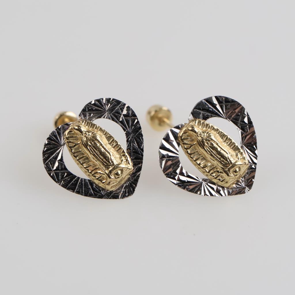 14kt Gold Two-tone Religious Heart Stud Earrings