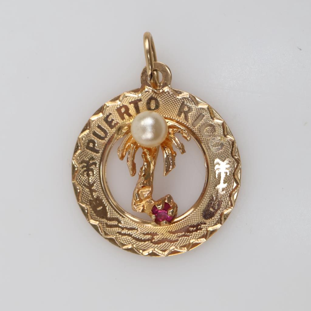 14kt Gold White Bead Pink Stone "Puerto Rico" Pendant