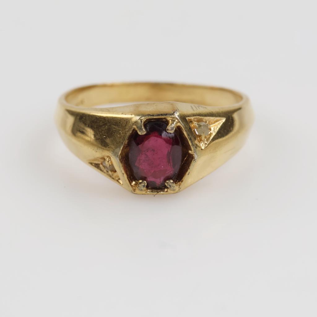 14kt Heavy Gold Electroplate Red And Clear Stone Ring
