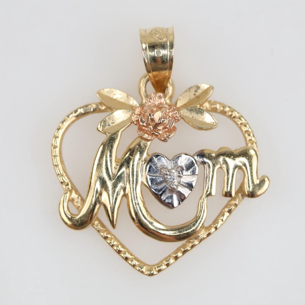 14kt Tri Color Gold Clear Stone Accent Mom Pendant