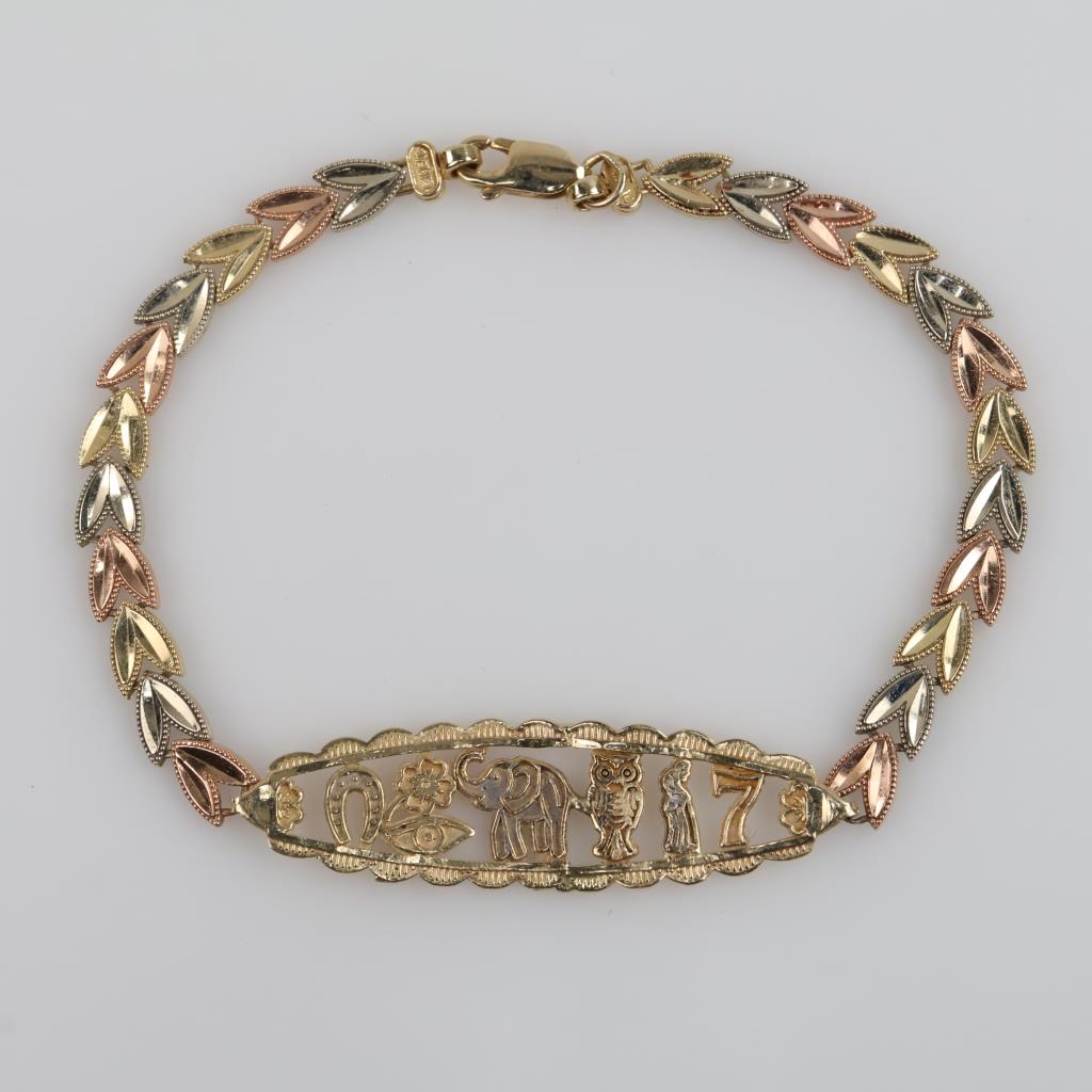 14kt Tri Color Gold Luck Hollow Link Bracelet