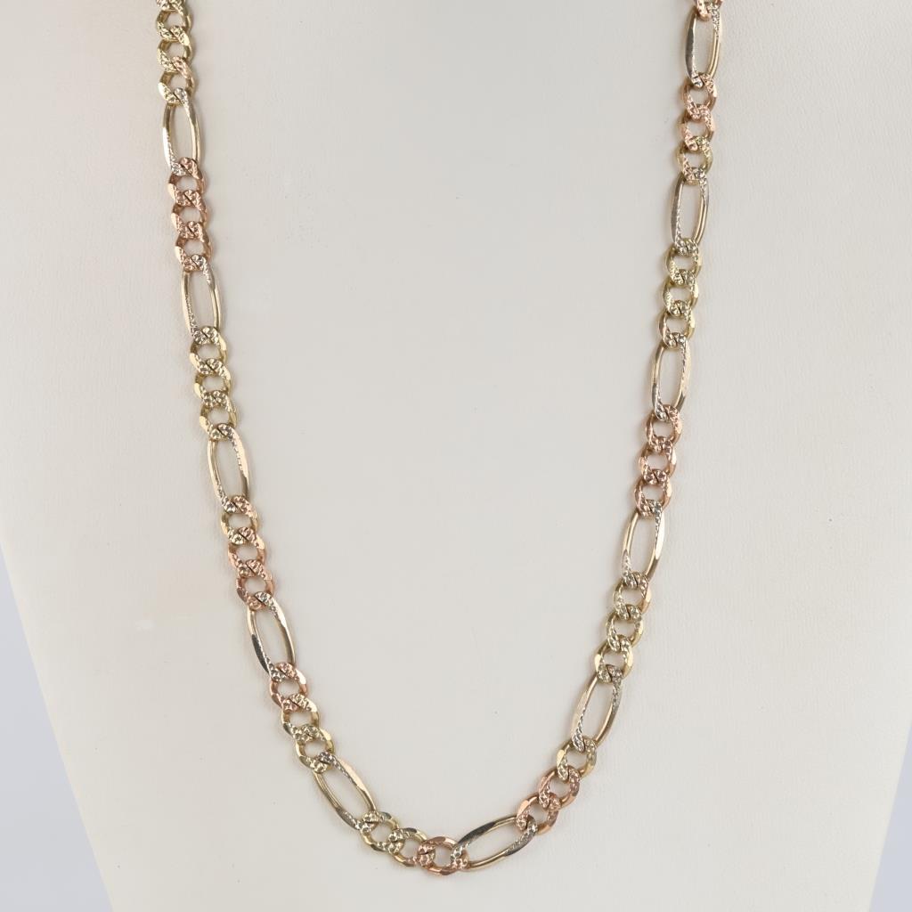 14kt Tri Colored Gold Figaro Chain Link Necklace - Evaluated By Our Certified Gemologist - AGS / GIA