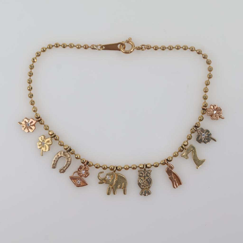 14kt Tri-Color Gold Clear Stone Accented Charm Bracelet