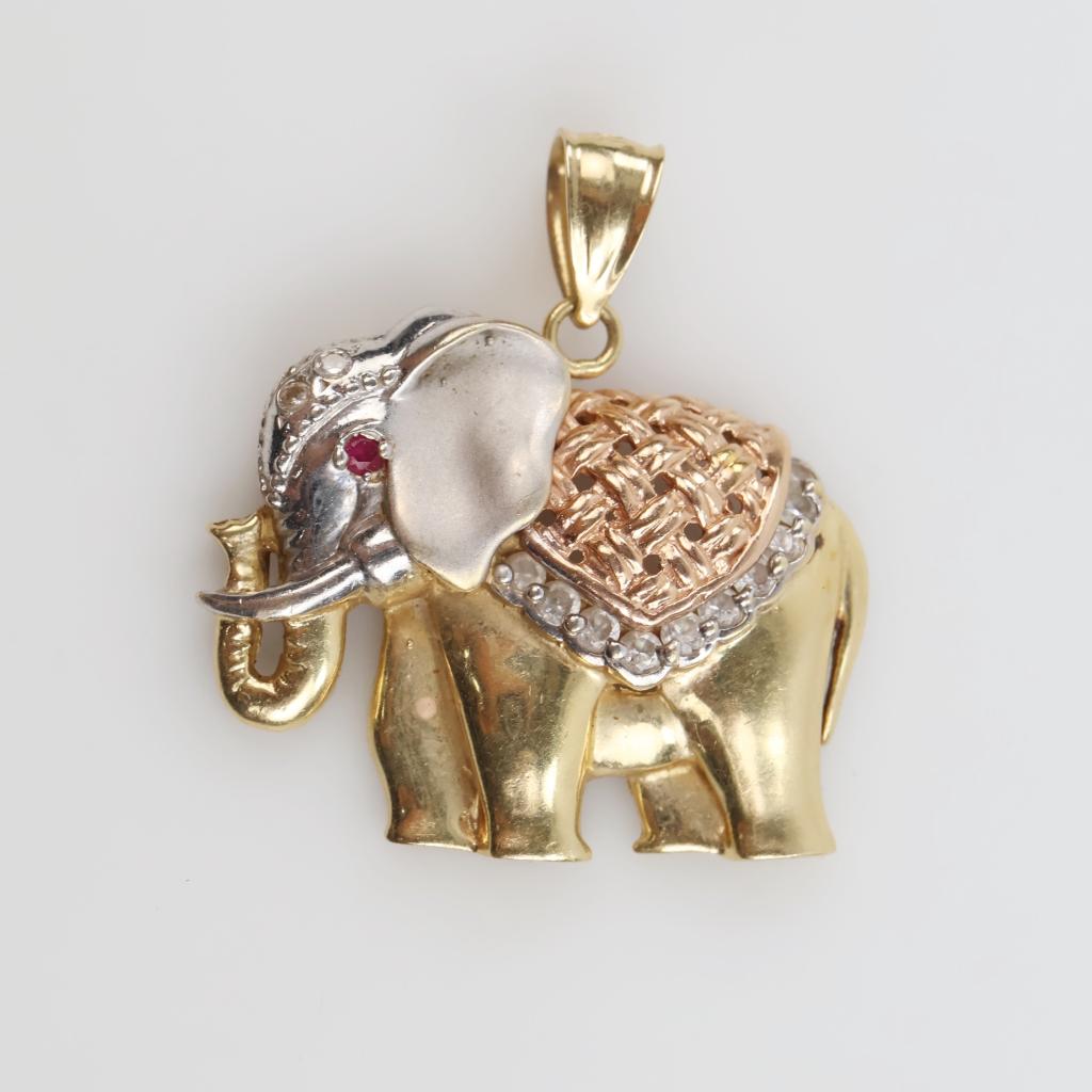 14kt Tri-Color Gold Clear Stone Pink Stone Accent Hollow Elephant Pendant