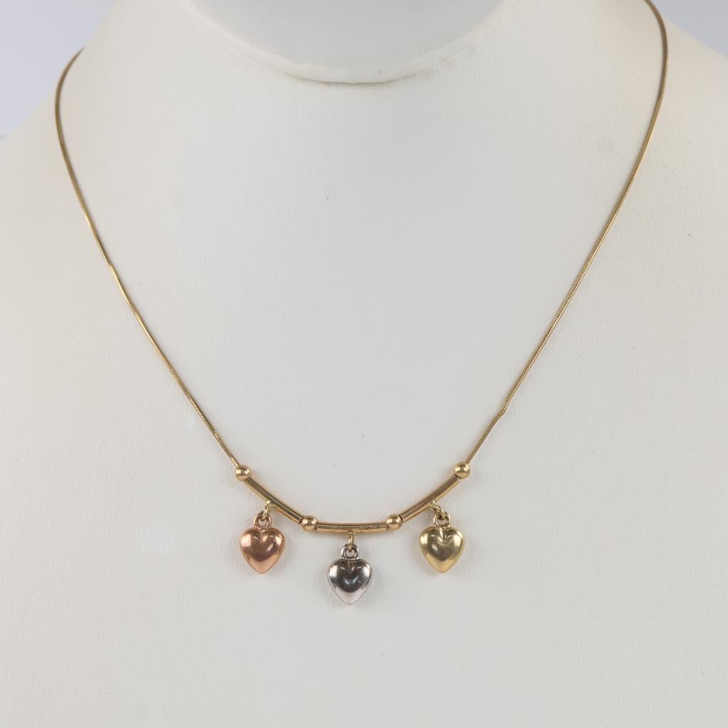 14kt Tri-Color Gold Hollow Heart Charm And Bead Necklace