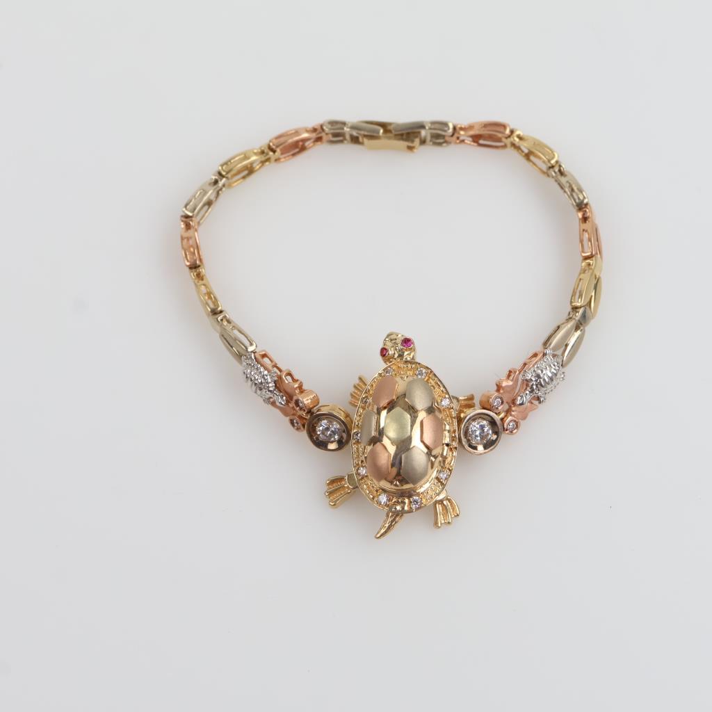 14kt Tri-Color Gold Turtle Pink Rubies And CZ Bracelet
