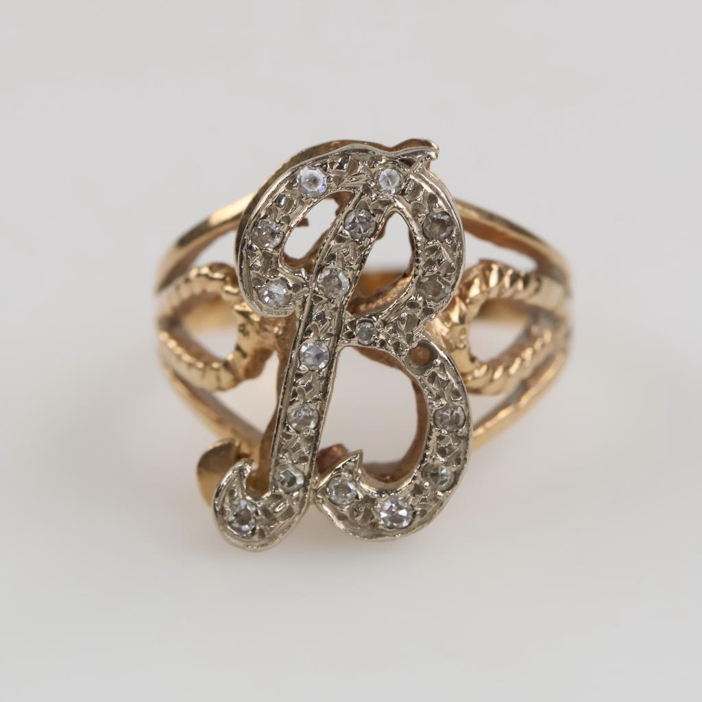 14kt Two Tone GF Diamond B Initial Ring