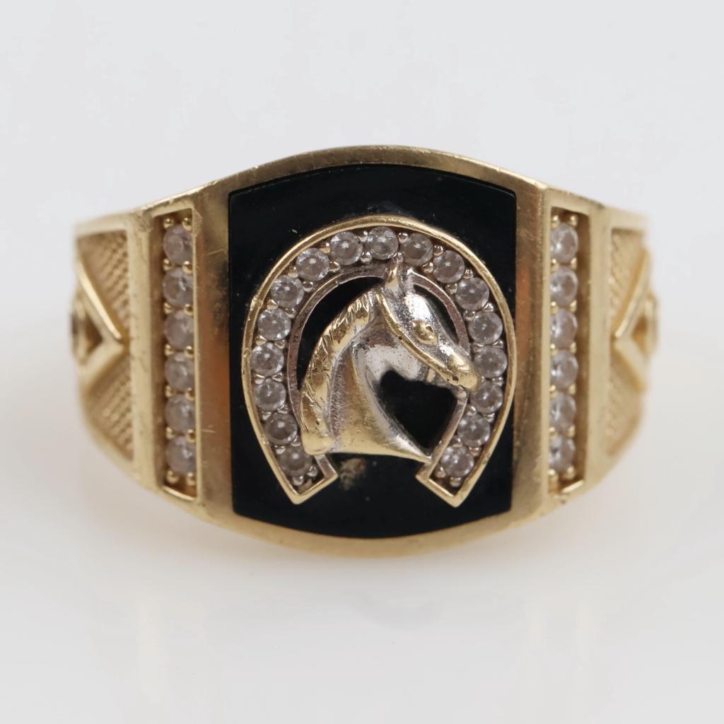 14kt Two Tone Gold Black Stone Clear Stone Accent Ring