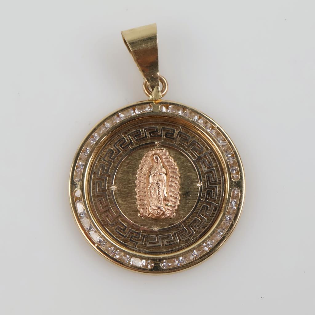 14kt Two Tone Gold Clear Stone Religious Pendant