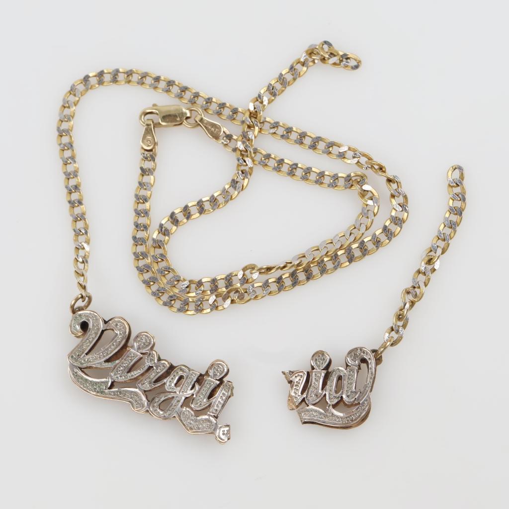 14kt Two Tone Gold Curb Link Necklace 9kt Two Tone Gold Name Pendant