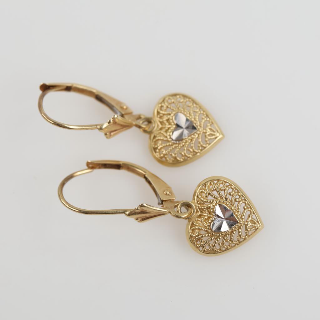 14kt Two Tone Gold Dangle Heart Earrings