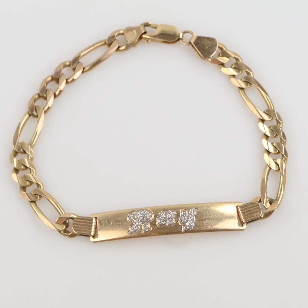 14kt Two Tone Gold Figaro Link ID Bracelet