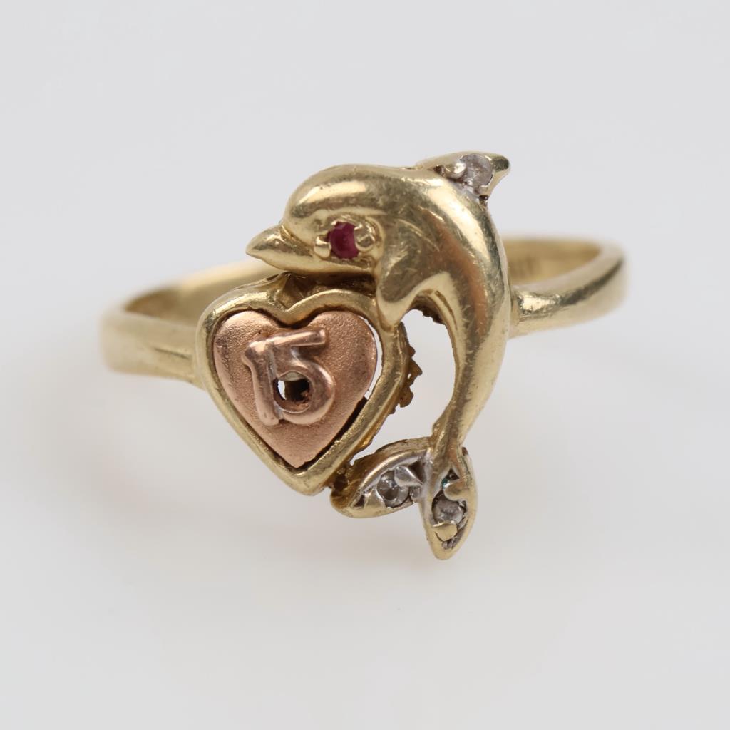 14kt Two Tone Gold Red And Clear Stone Dolphin Ring