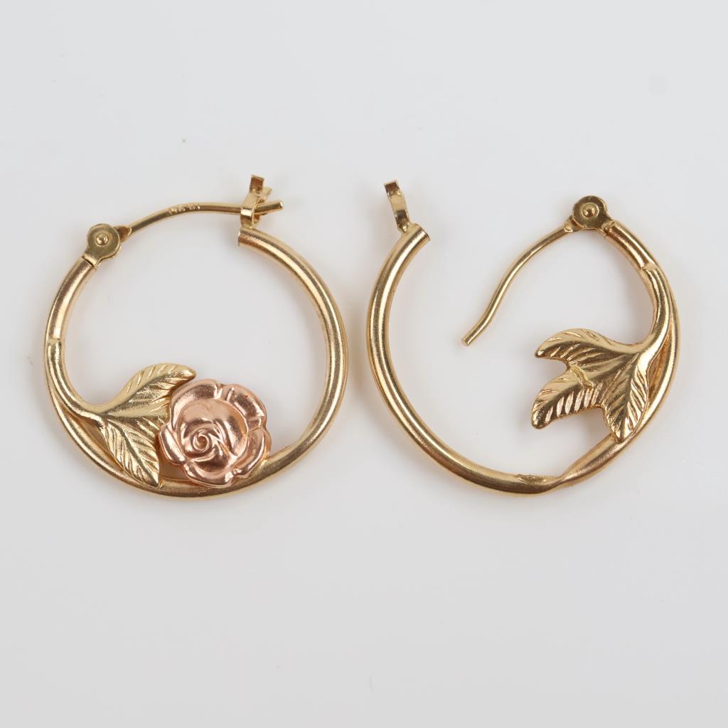 14kt Two-Tone Gold Rose Hollow Hoops