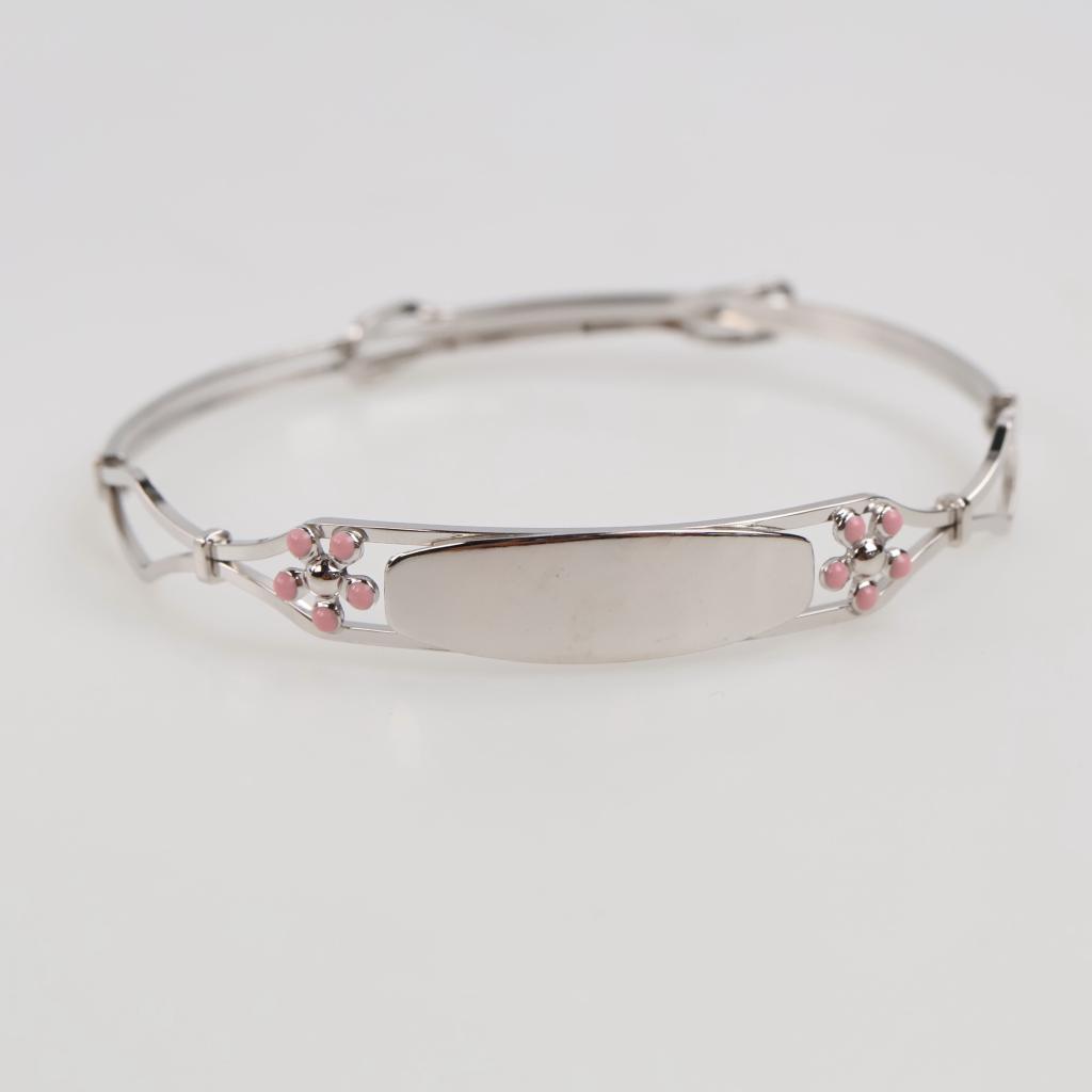 14kt White GF Pink Flower Name Plate Bangle Bracelet