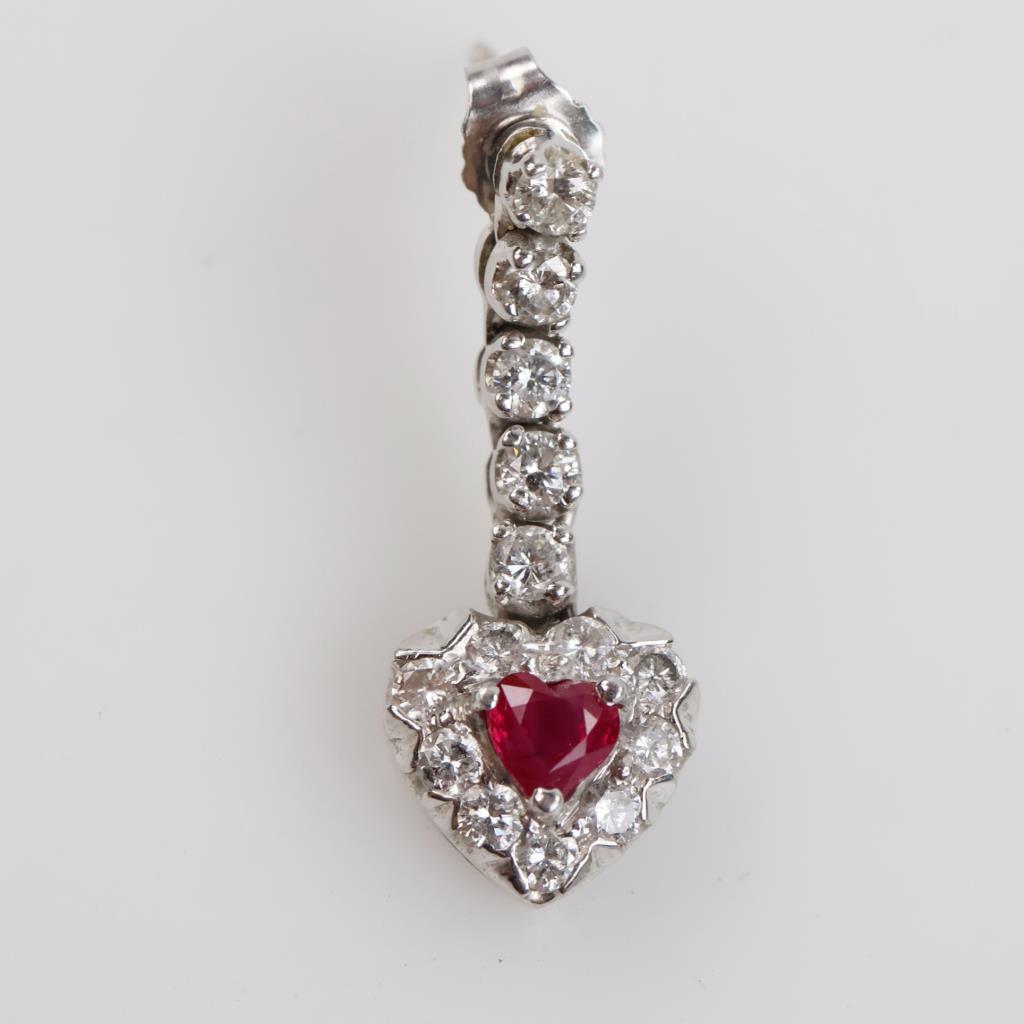 14kt White Gold Diamond Synthetic Ruby Heart Drop Earring