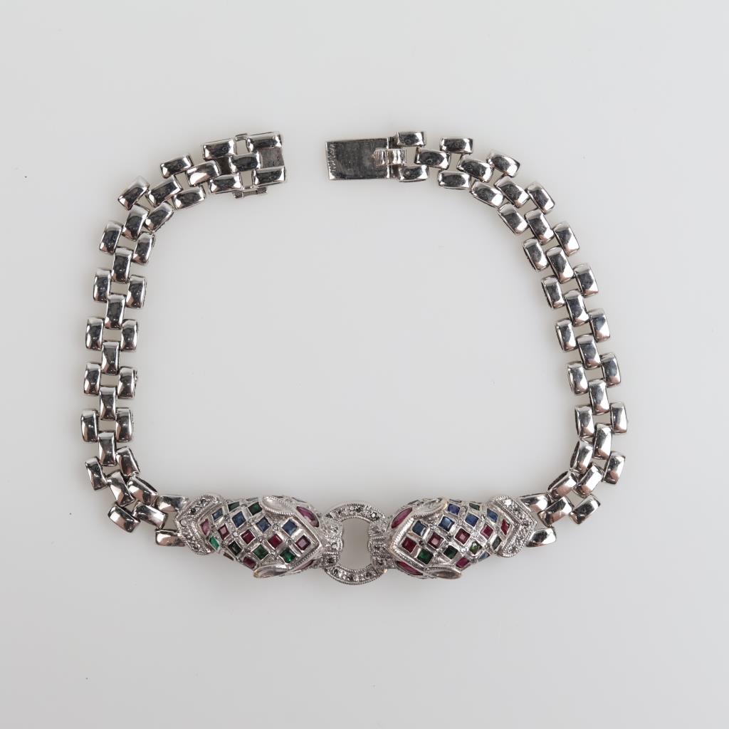 14kt White Gold Multicolor Stone Diamond Accent Cheetah Head Bracelet