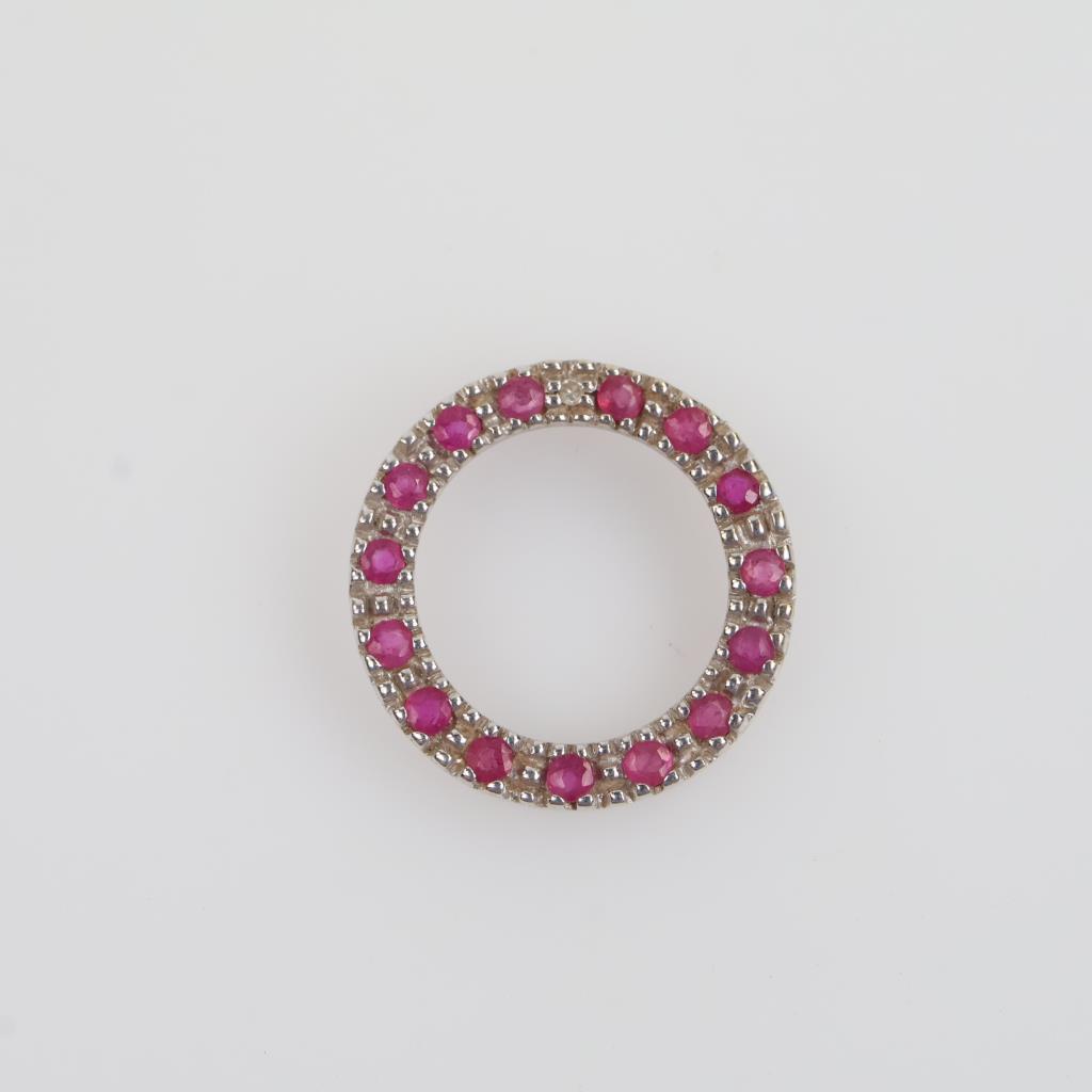 14kt White Gold Pink Stone Diamond Circle Pendant