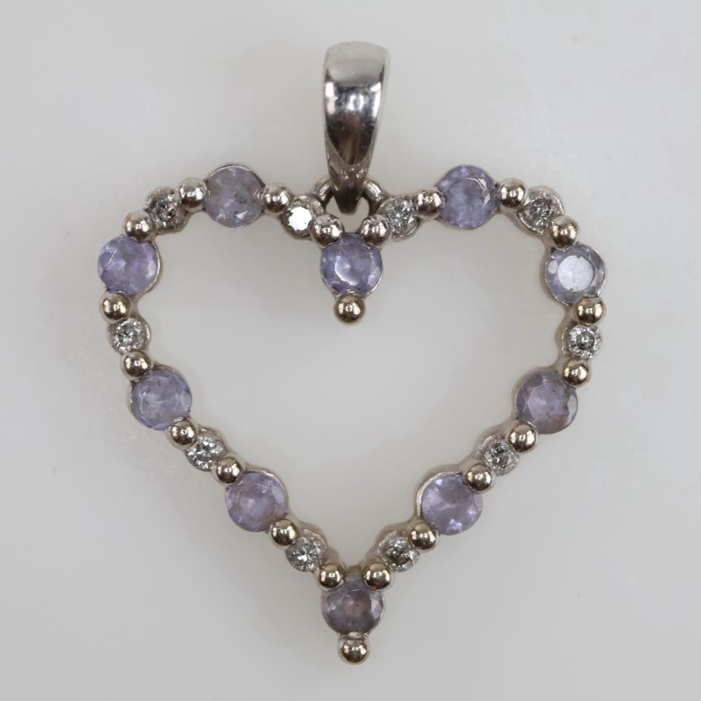14kt White Gold Purple And White Stone Heart Pendant