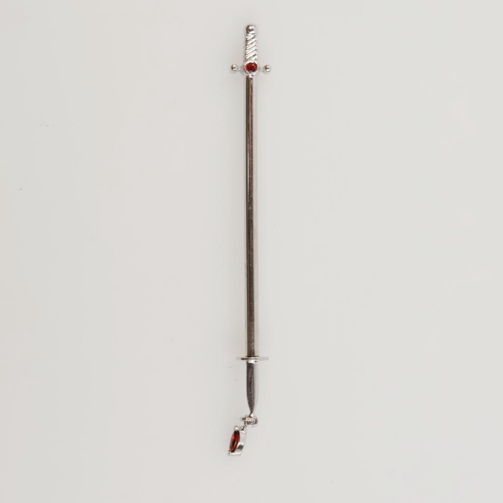 14kt White Gold Red Stone Sword Industrial Bar