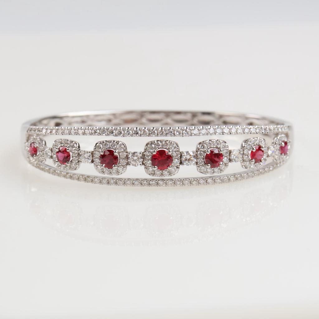 1.75cts TW Diamond Ruby 14kt White Gold Hinged Bangle-Evaluated By Our Certified Gemologist-AGS/GIA