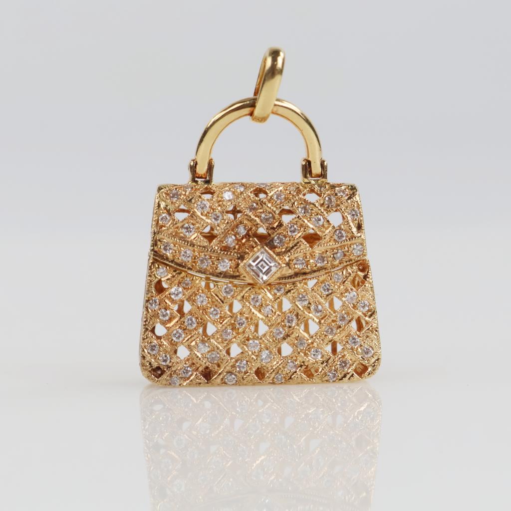 18kt Gold 0.63ct TW Diamond Hand Bag Pendant-Evaluated By Our Certified Gemologist-AGS/GIA