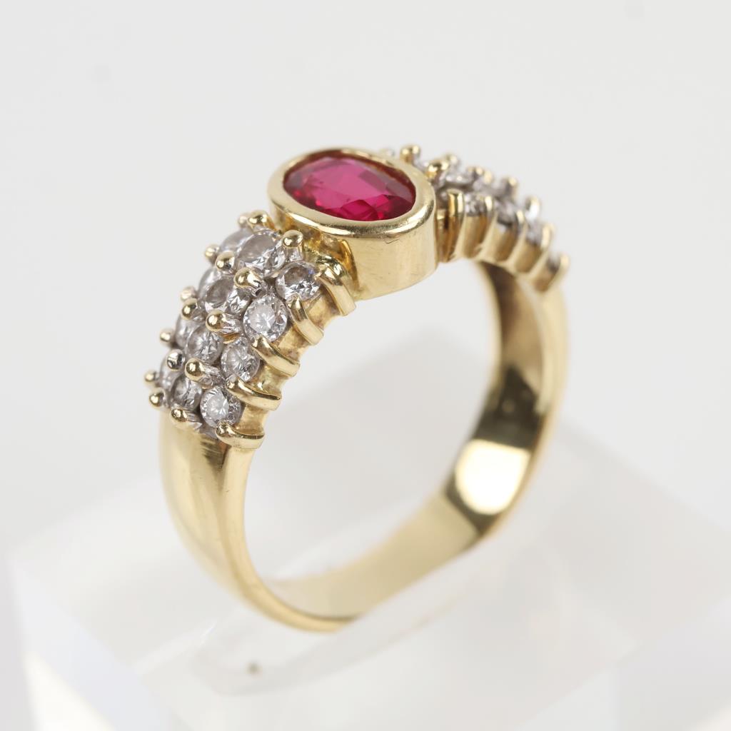 18kt Gold Red Ruby Diamond Accent Ring- Evaluated By Our Certified Gemologist-AGS/GIA