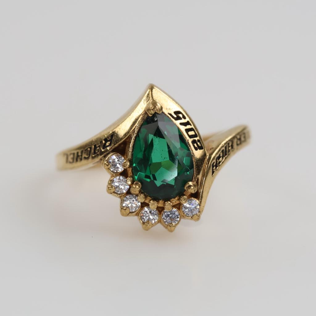 18kt GP Green And Clear Stone Class Ring
