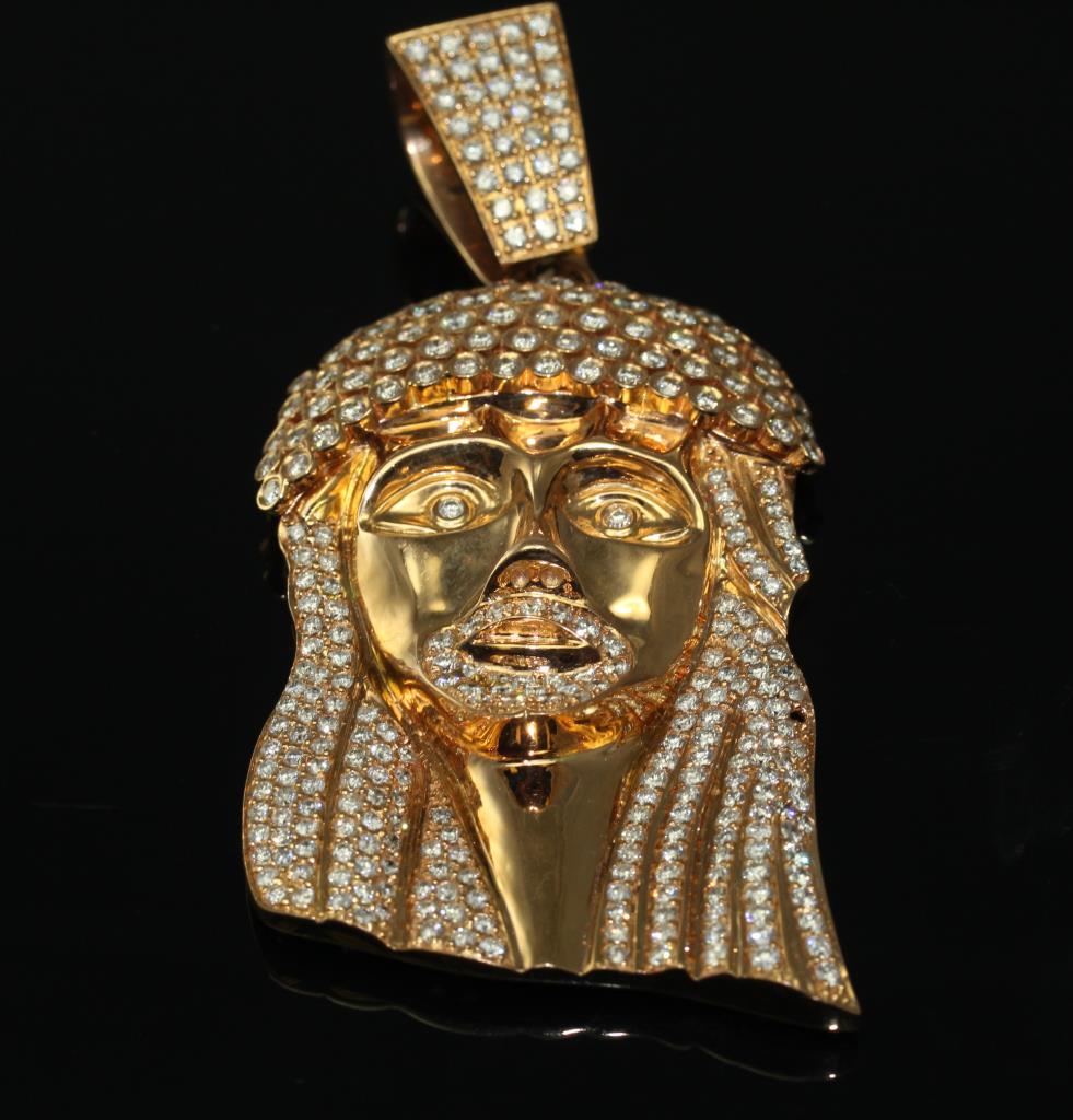 18kt Rose Gold 61 8g 6 30ct Diamond Christ Head Pendant Evaluated 18kt Rose Gold 61 8g 6 30ct Diamond Christ Head Pendant Evaluated By Independent Specialist