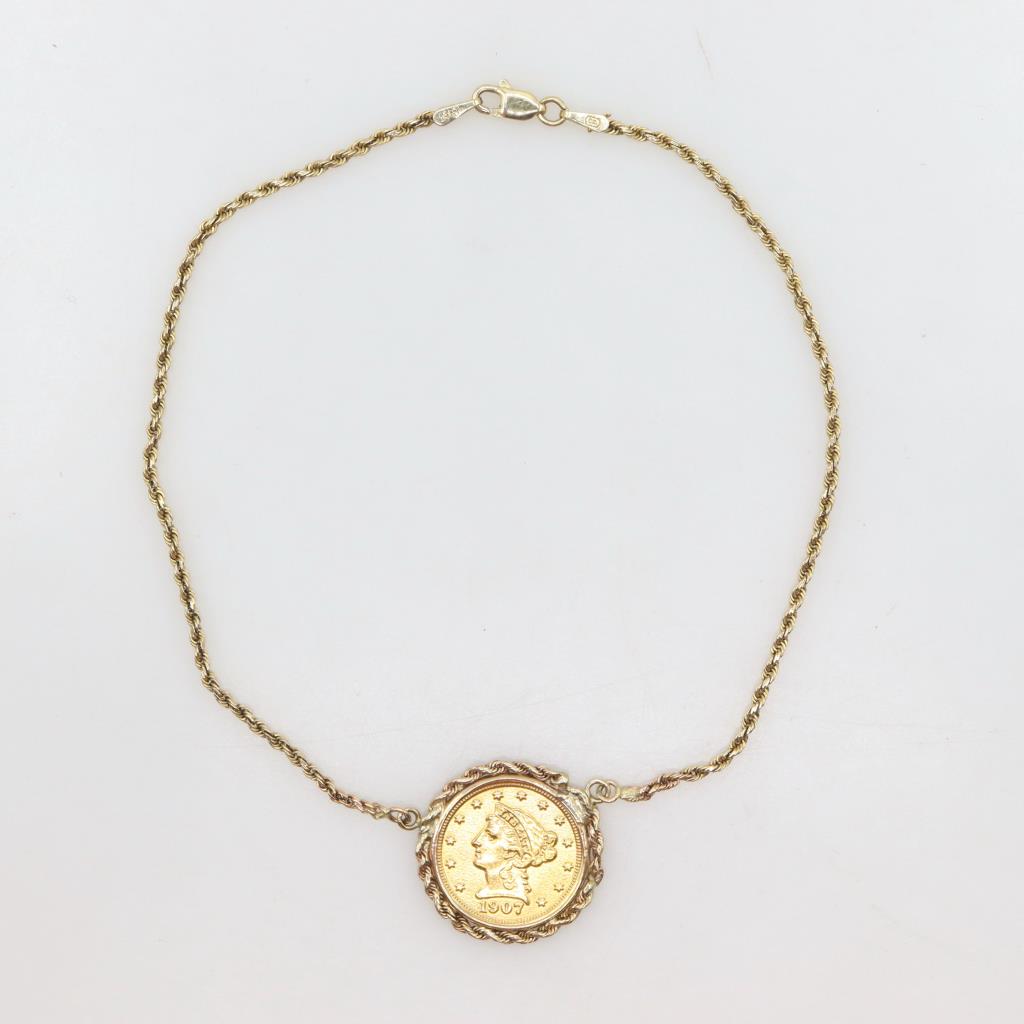 1907 US Liberty Head Gold Coin In 14kt Gold Necklace