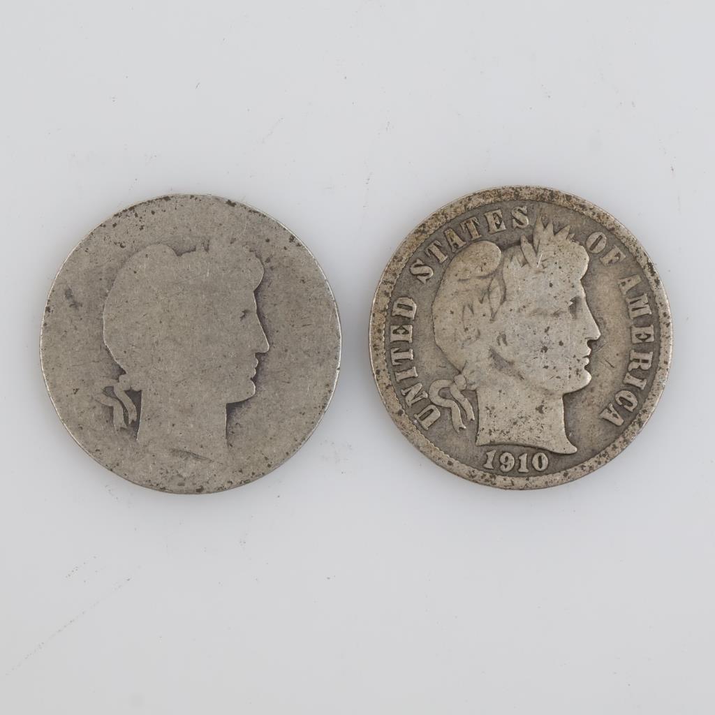 1910 & No Date Barber Silver Dimes, 2 Pieces