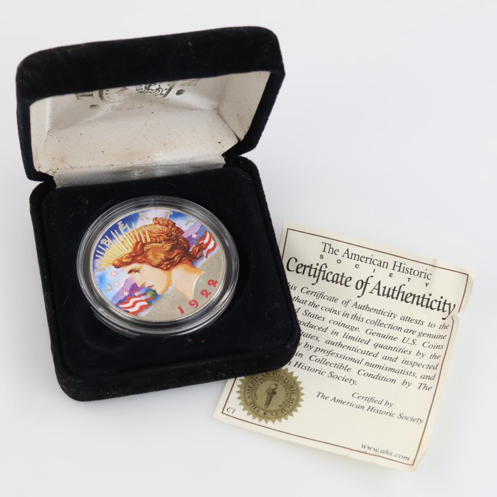 1922 Peace Colorized Silver Dollar Includes COA