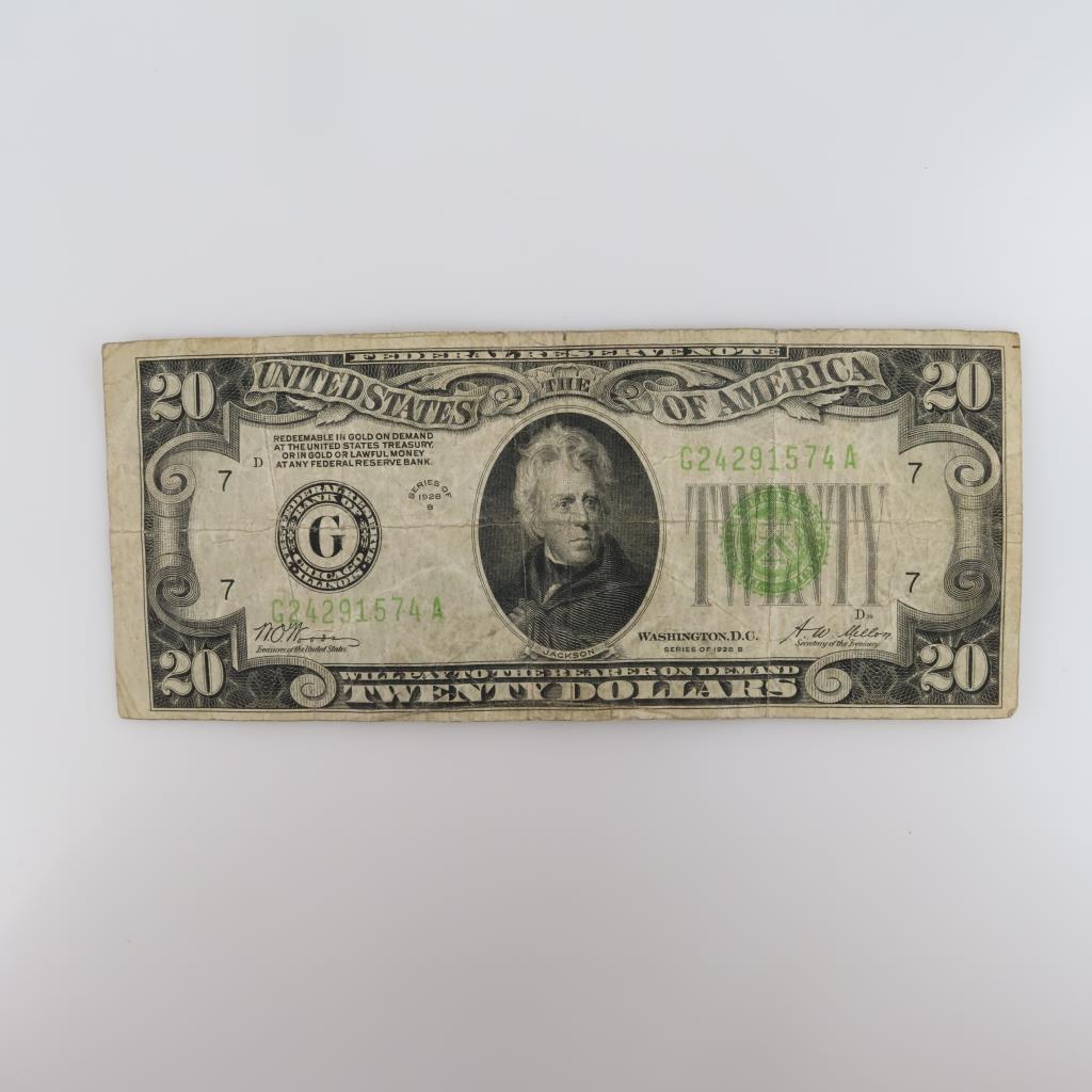 1928-B Federal Reserve Note Twenty Dollars Large Twenty Small Portrait Light Green Seal