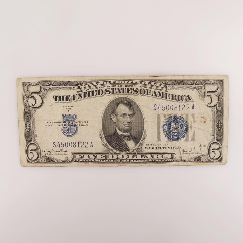 1934 D US Silver Certificate 5 Dollars