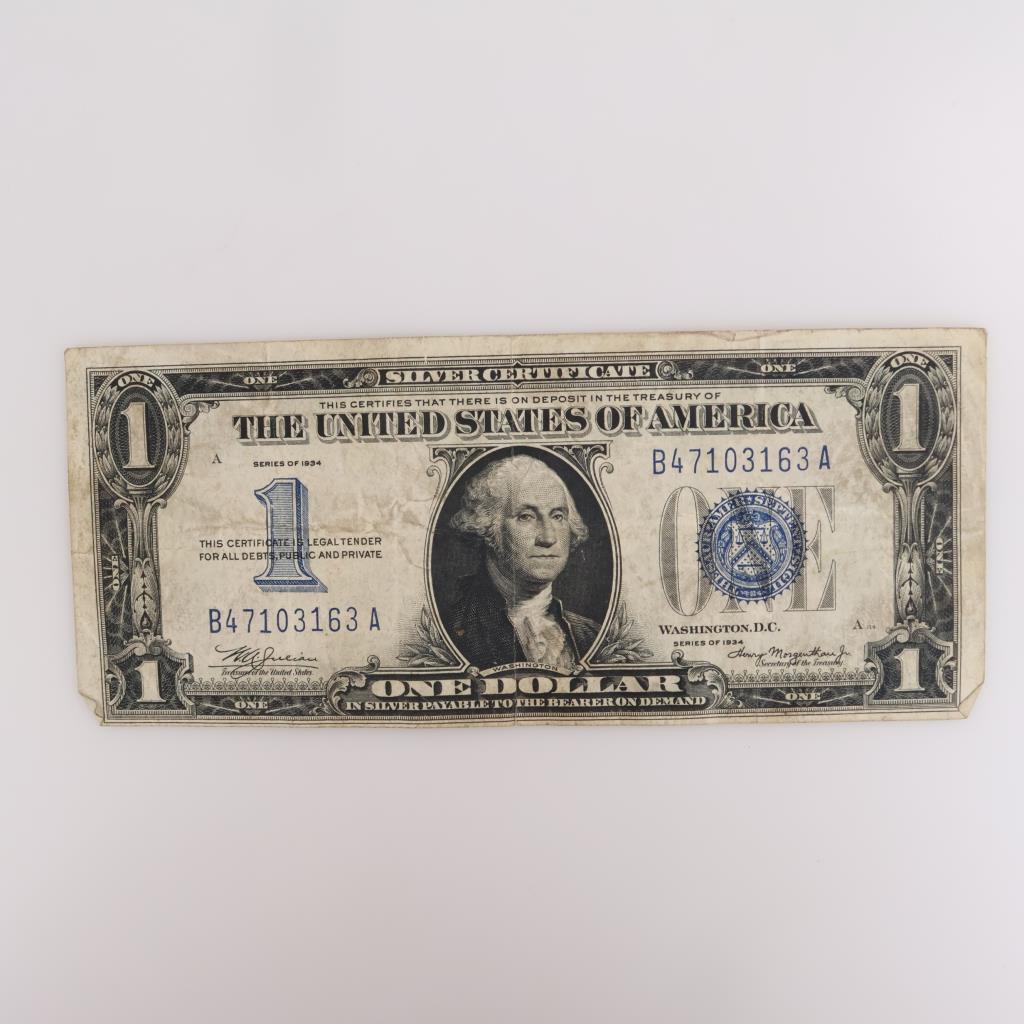 1934 US Silver Certificate Blue Seal "Funny Back" 1 Dollar