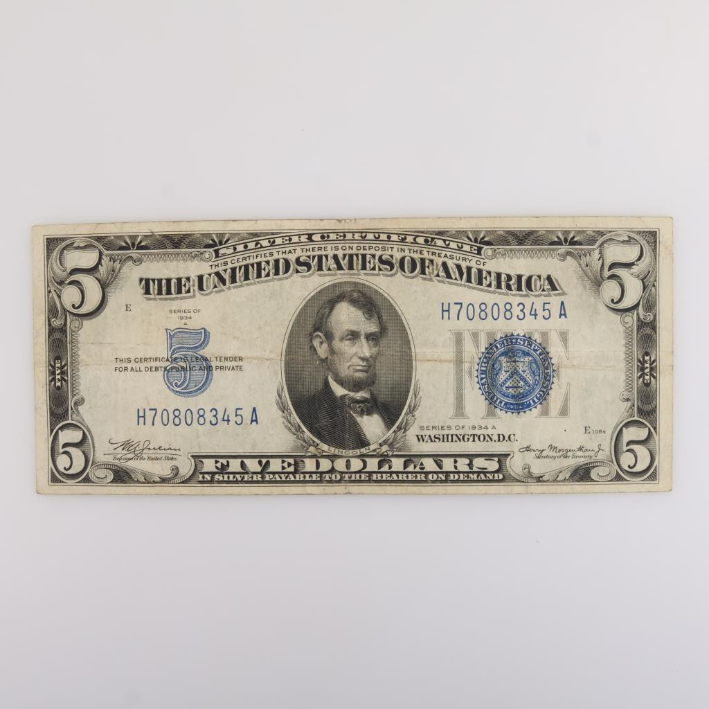 1934-A US Silver Certificate Five Dollar Blue Seal