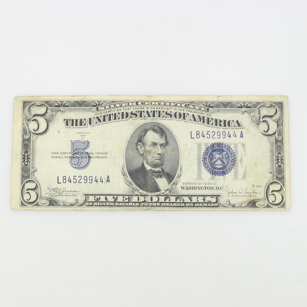 1934 C US 5 Dollar Silver Certificate Property Room