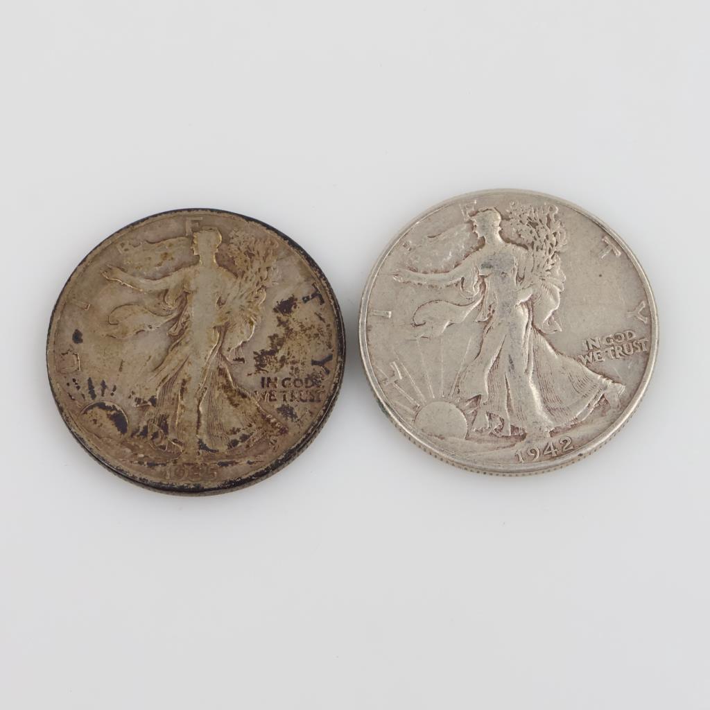 1935-D & 1942 Walking Liberty Silver Half Dollar, 2 Pieces