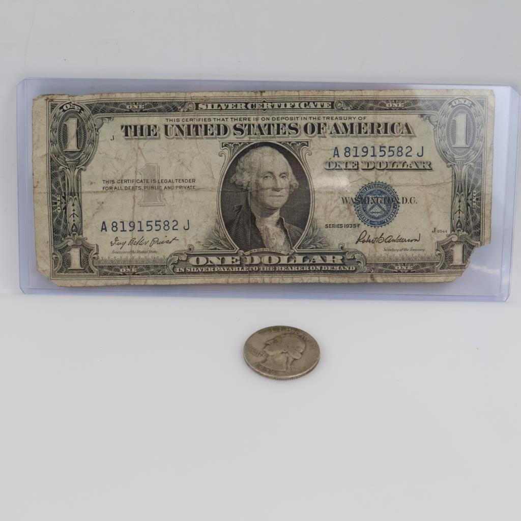 1935-F US Silver Certificate One Dollar & 1936 US Silver Quarter, 2 Pieces