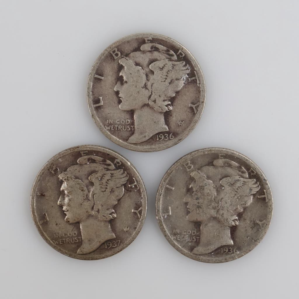 1936 & 1937 US Mercury Silver Dimes, 3 Pieces