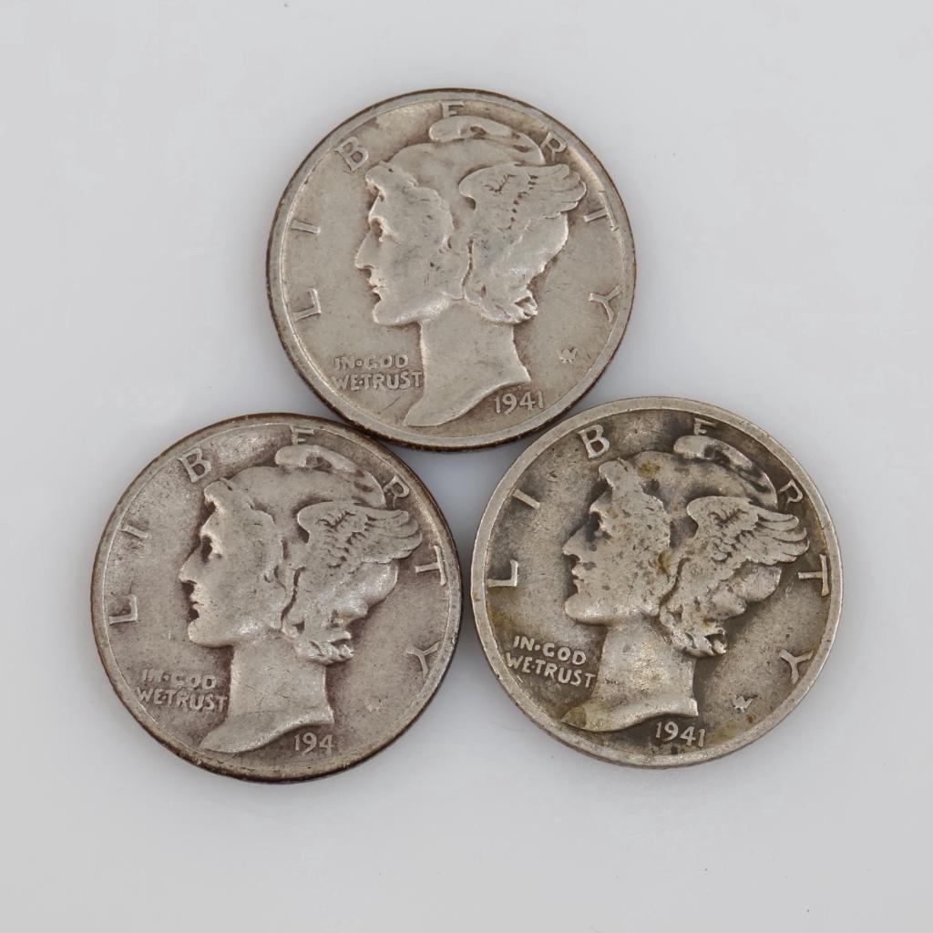 1941 Mercury Silver Dimes, 3 Pieces