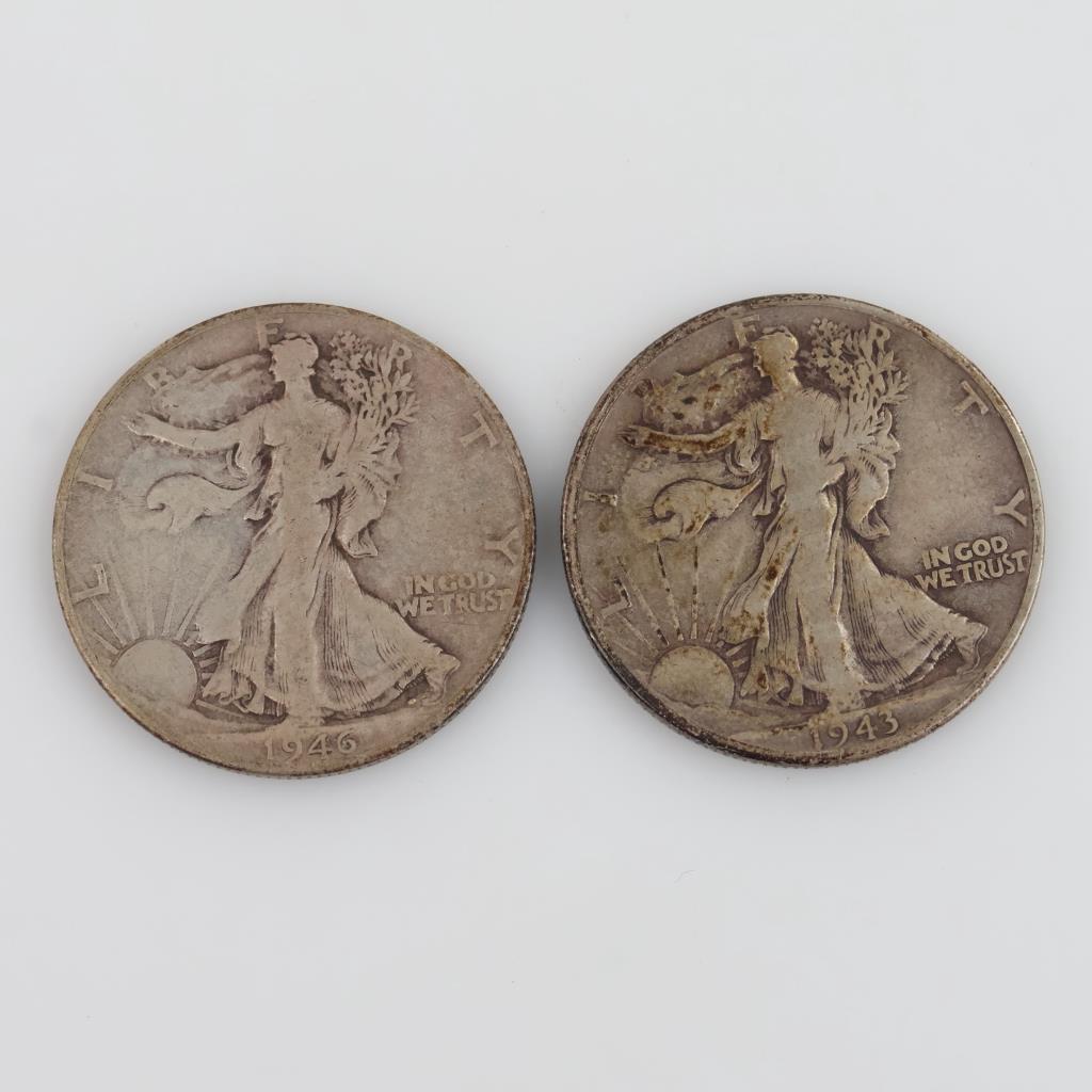 1943 & 1946-S Walking Liberty Silver Half Dollar, 2 Pieces